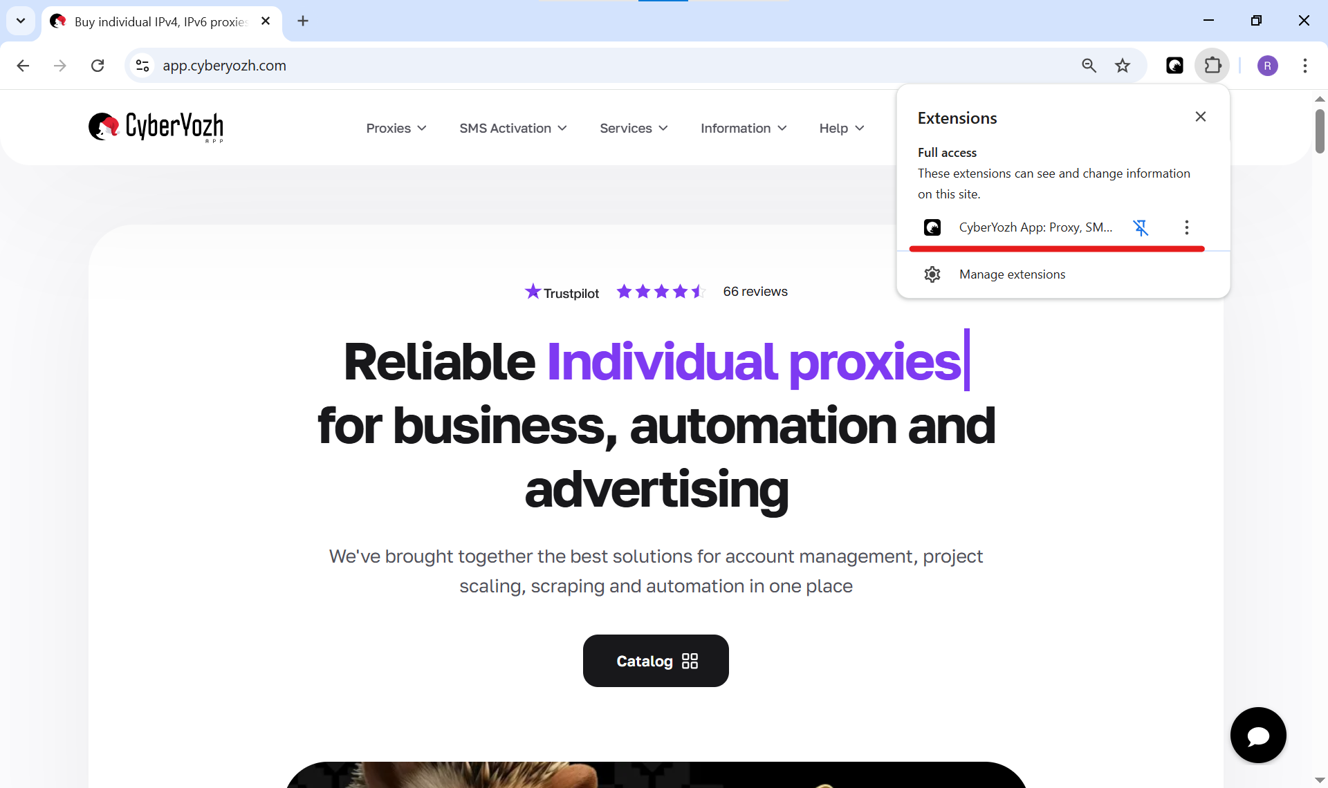 Ảnh chụp màn hình trình duyệt Chrome, hiển thị menu tiện ích mở rộng và việc ghim biểu tượng CyberYozh App