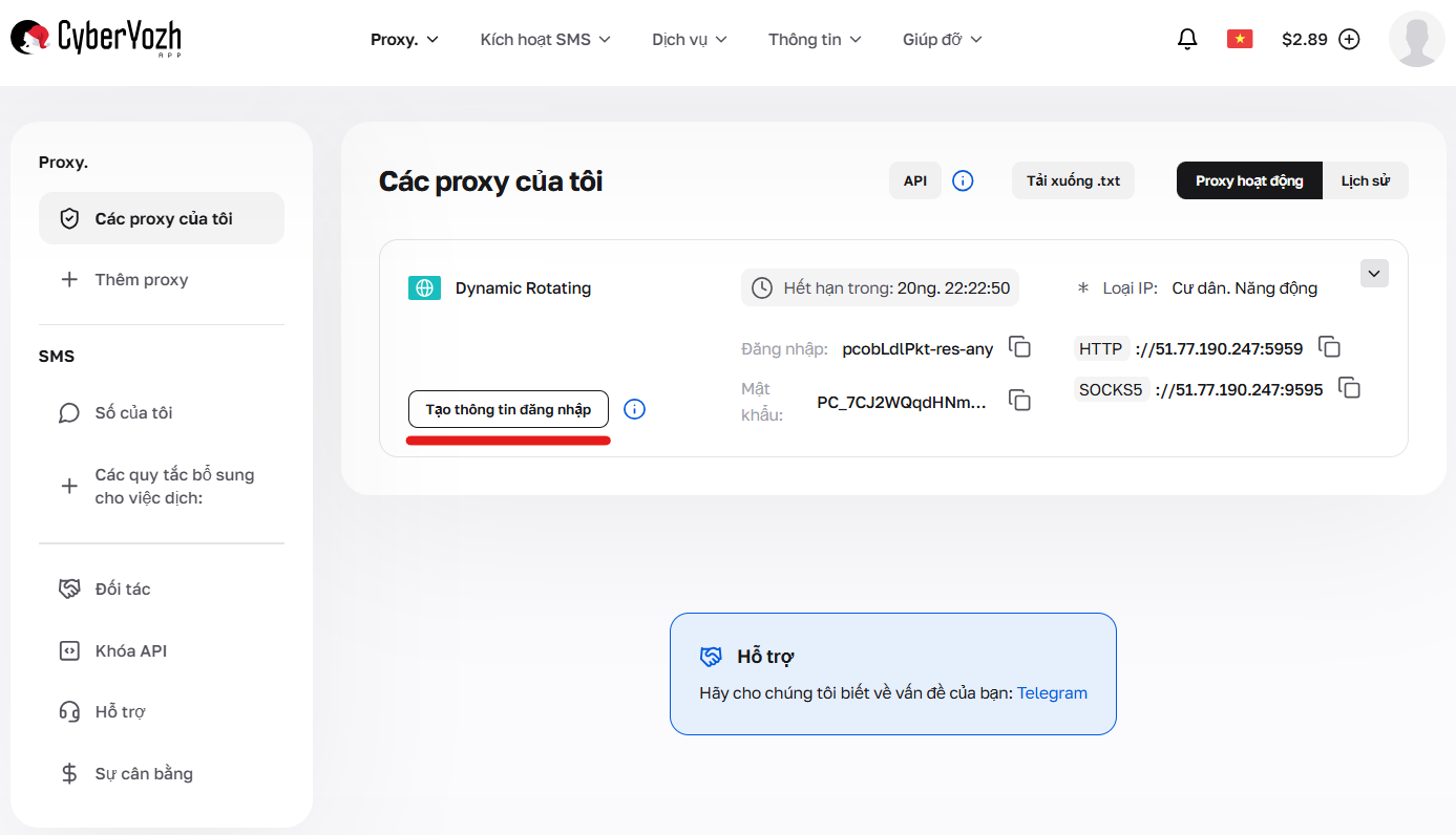 Nút trong bảng điều khiển để mở giao diện tạo thông tin đăng nhập