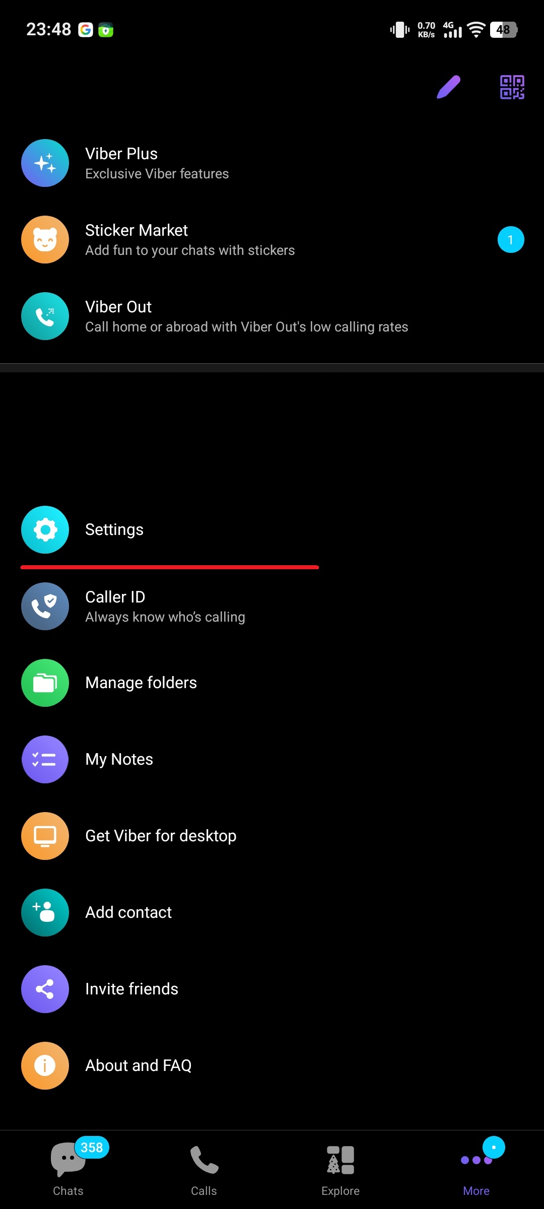 Navigating to Viber 'Settings' menu.