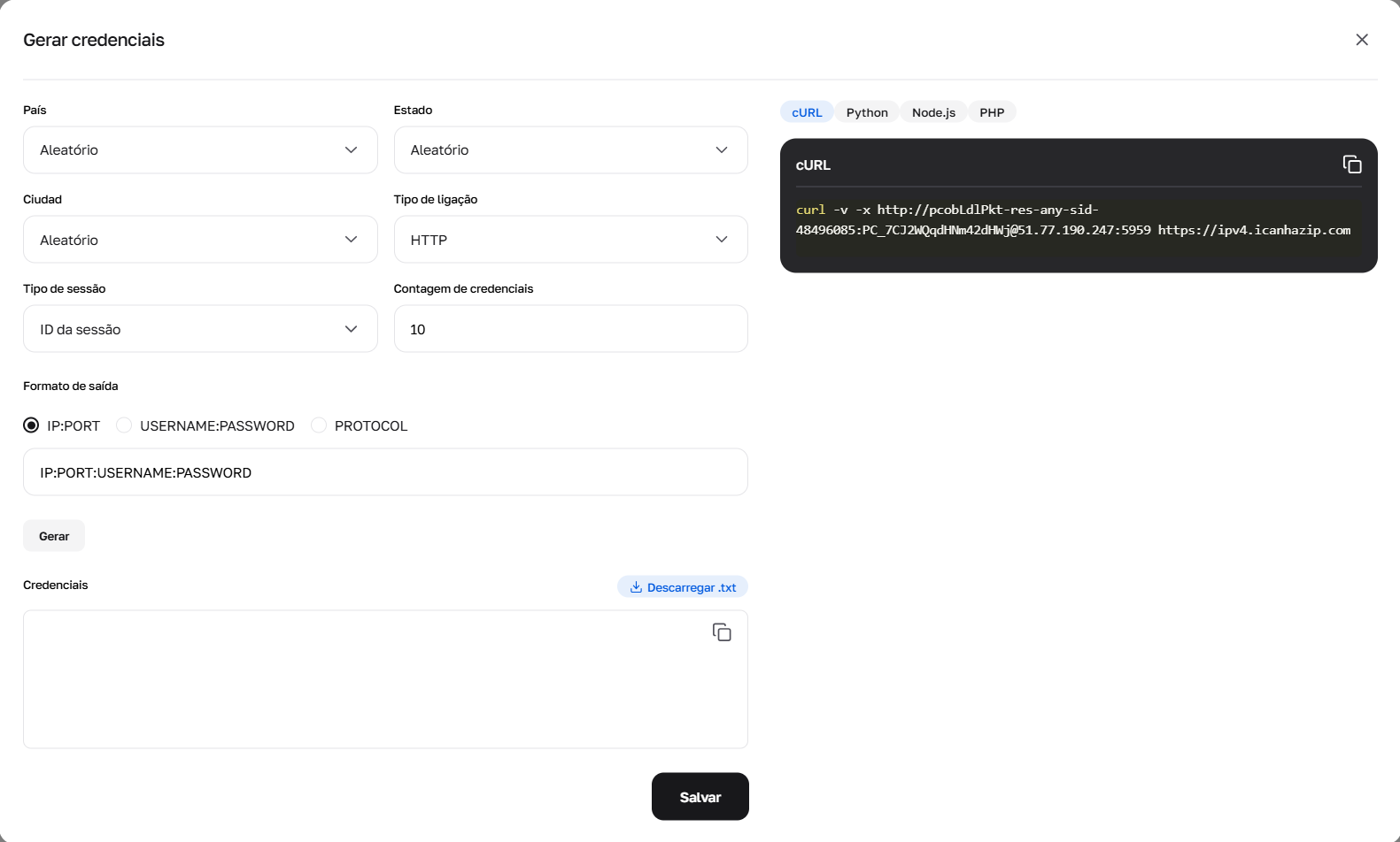 Janela do gerador aberta