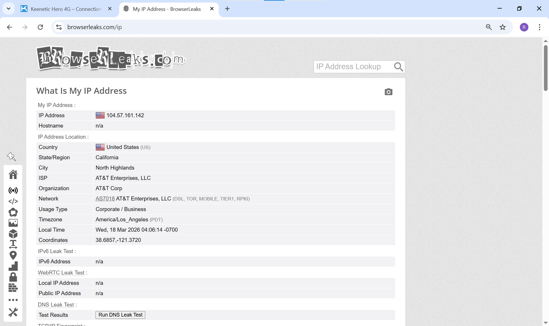 Успішна підміна IP-адреси на сайті Browserleaks