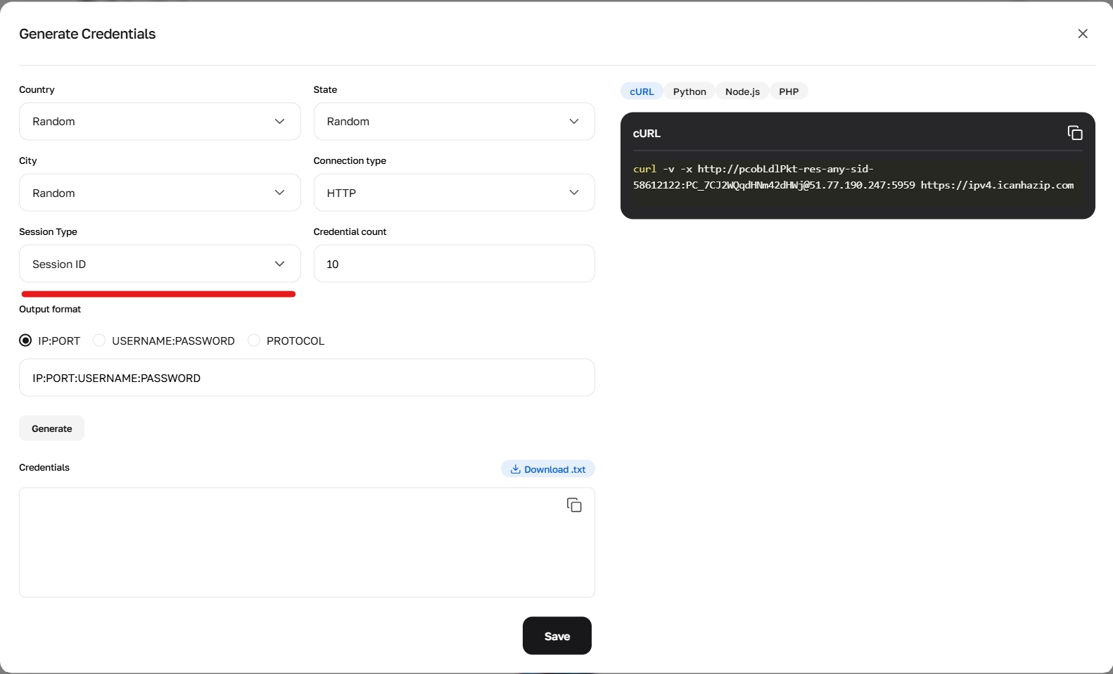 Session type selection in the generator: random, short, and long