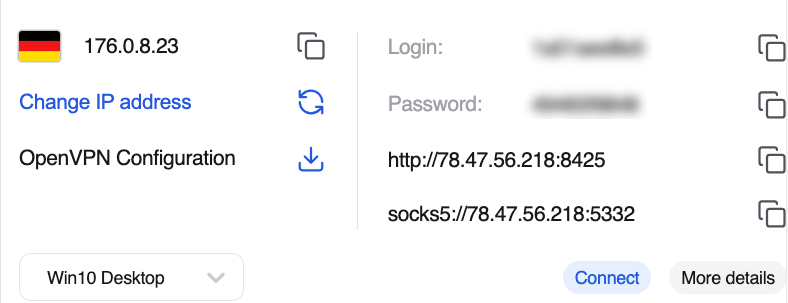 Danh sách proxy trong tiện ích mở rộng với nút Connect bên cạnh proxy