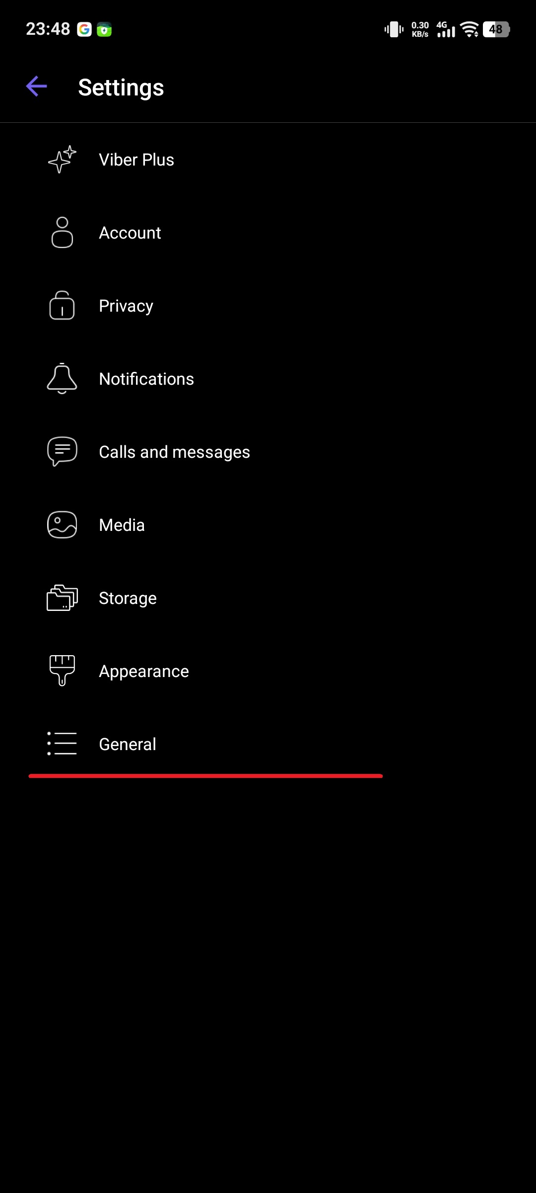 Selecting 'General' in the settings list.