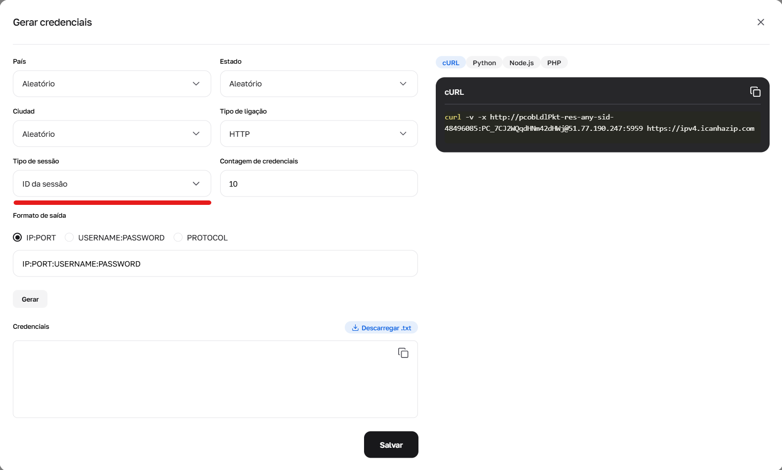 Uso do gerador para configurar o parâmetro sid