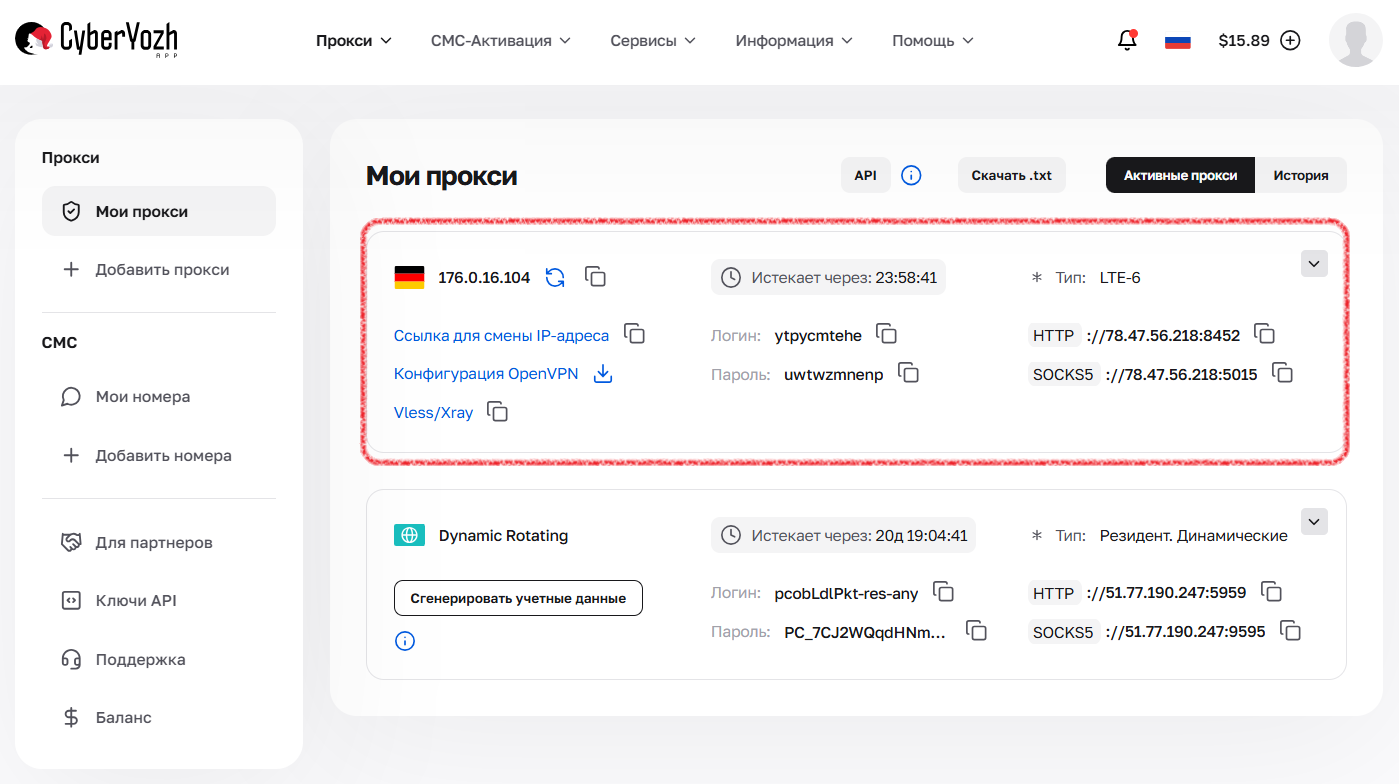 Карточка мобильного прокси с данными для подключения