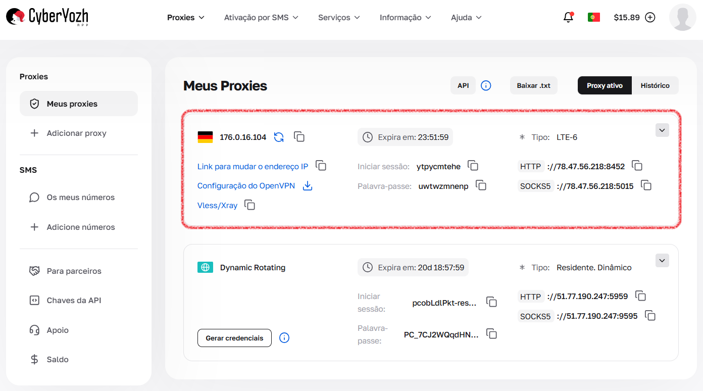 Card de proxy móvel com dados para conexão