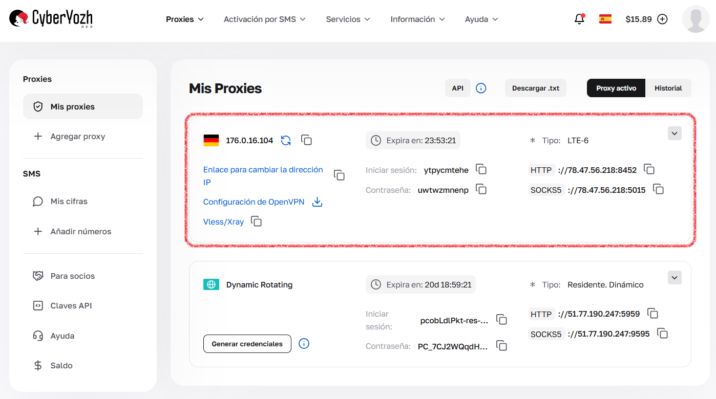 Tarjeta de proxy móvil con datos de conexión