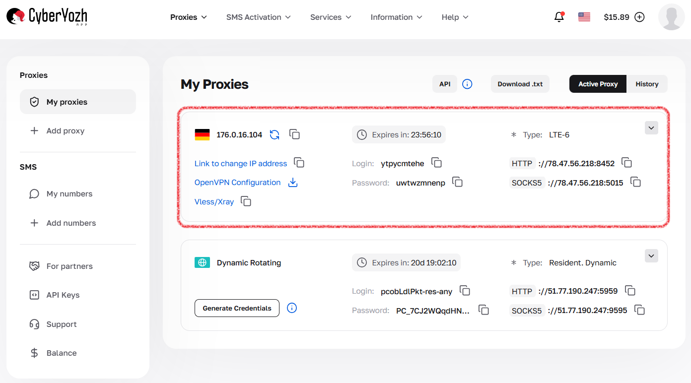 Mobile proxy card with connection data