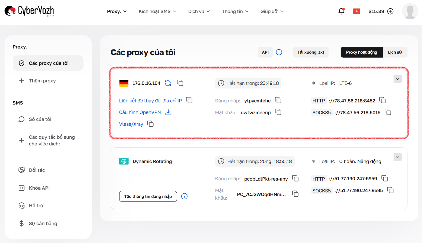 Thẻ proxy di động với dữ liệu kết nối