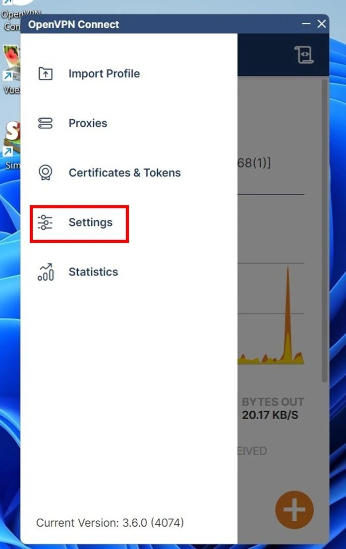 Go to the Settings menu of OpenVPN