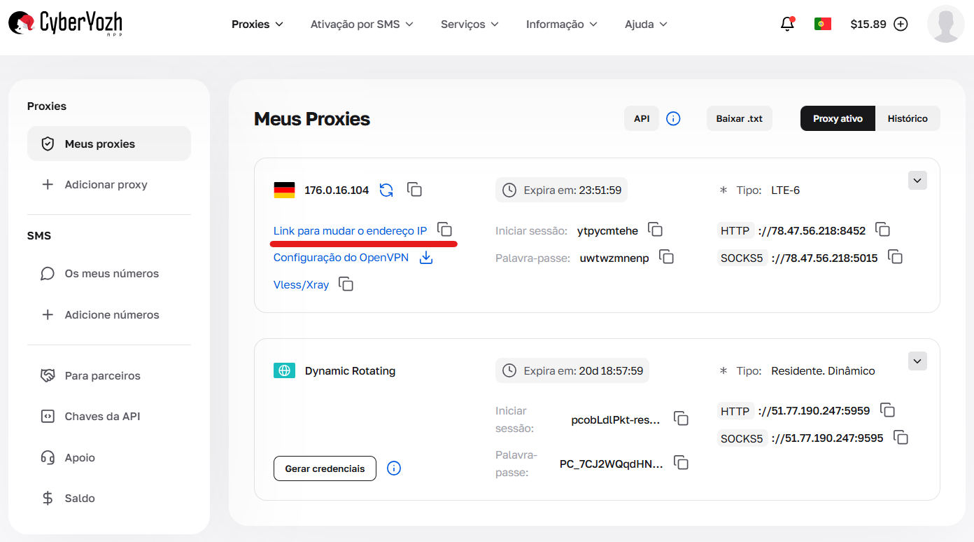 Cartão de Proxies Móveis no painel com indicação de onde fica o link para troca de IP