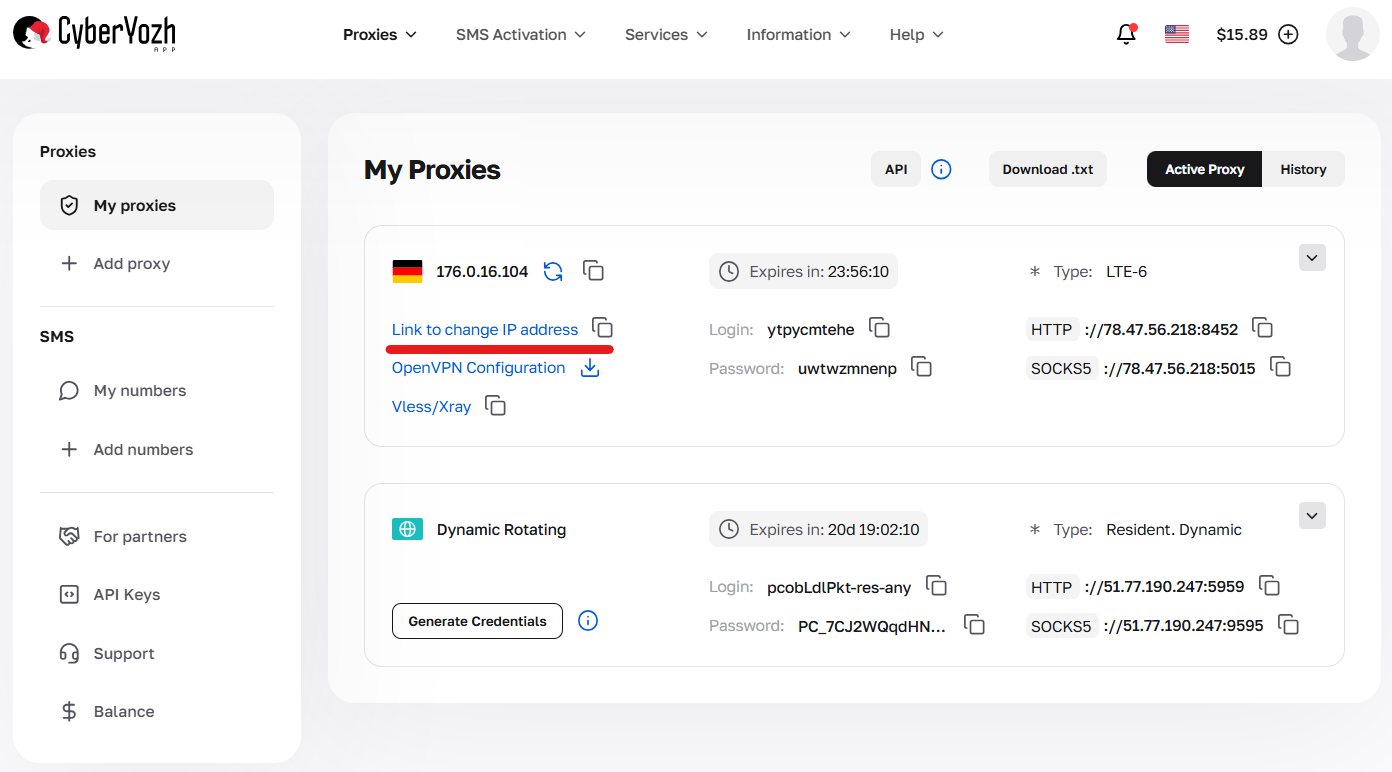 IP address change link in the mobile proxy card