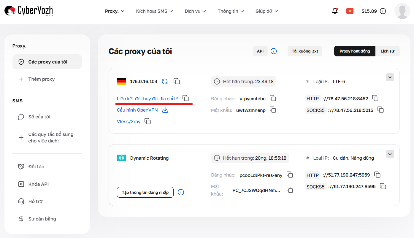 Thẻ Proxy di động trong bảng điều khiển với ghi chú về liên kết đổi IP