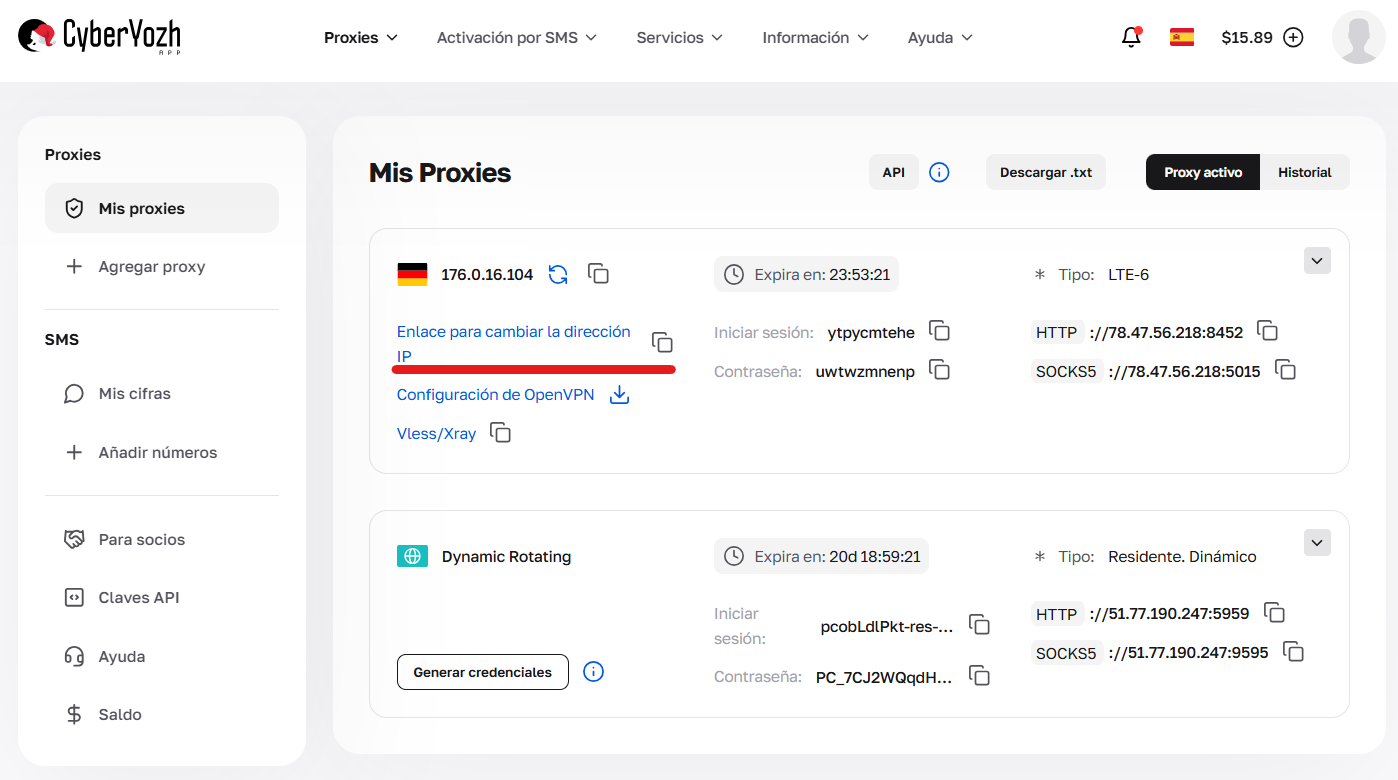 Enlace para el cambio de dirección IP en la tarjeta del proxy móvil