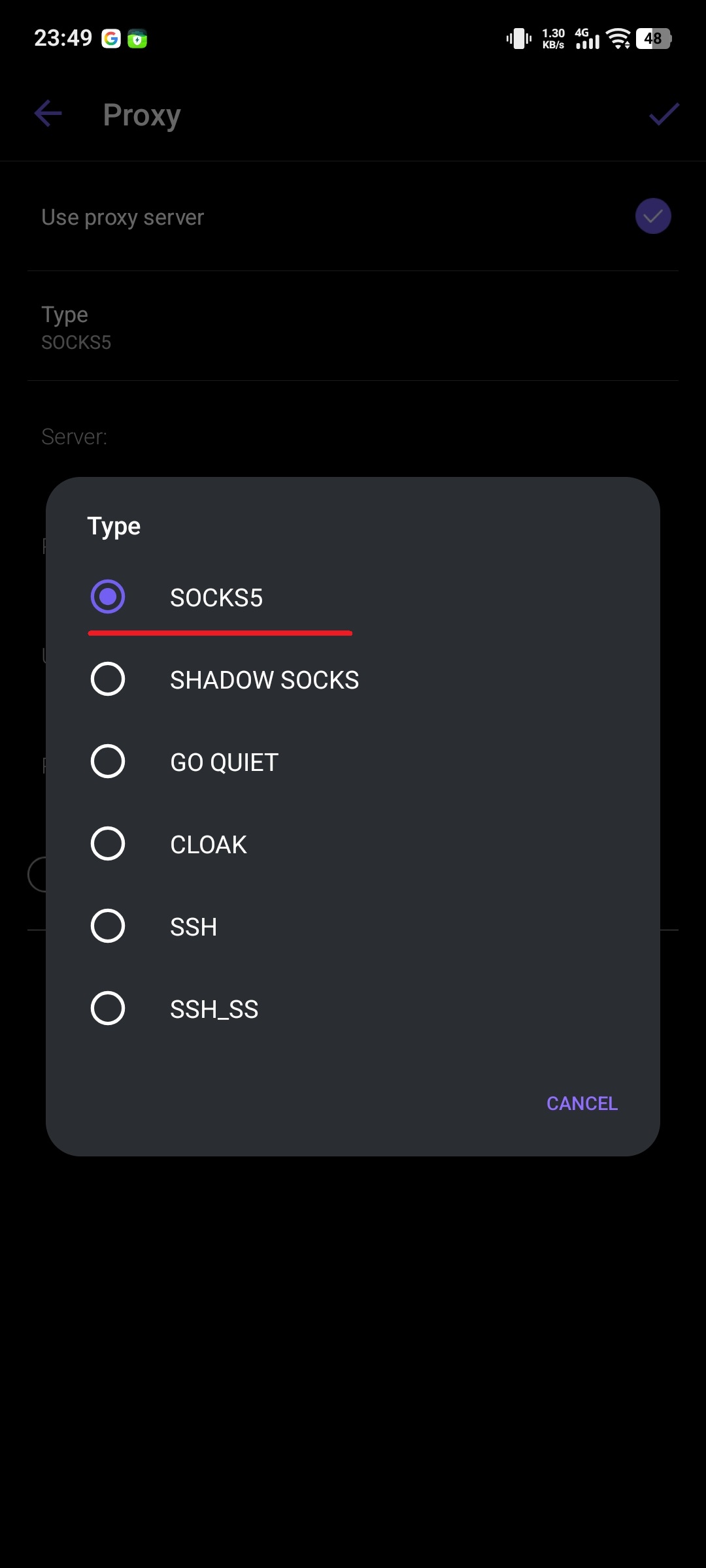 Selecting SOCKS5 protocol from the dropdown.