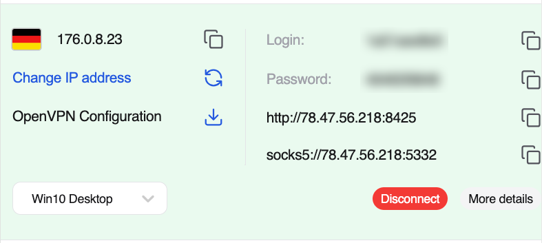 Giao diện tiện ích mở rộng, hiển thị địa chỉ IP hiện tại đã kết nối và quốc gia của proxy