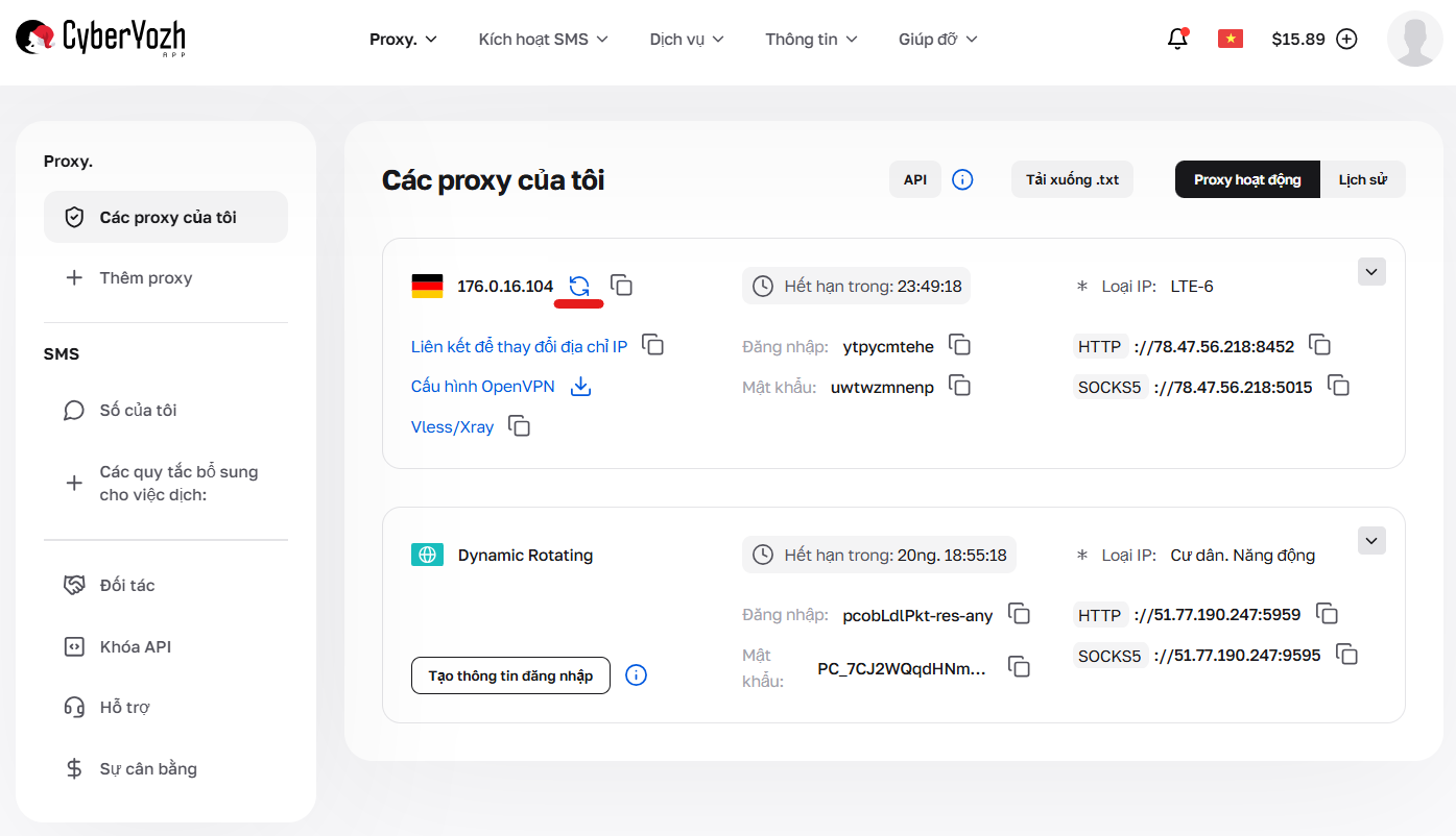 Thẻ Proxy di động trong bảng điều khiển với ghi chú về nơi đổi IP thủ công.