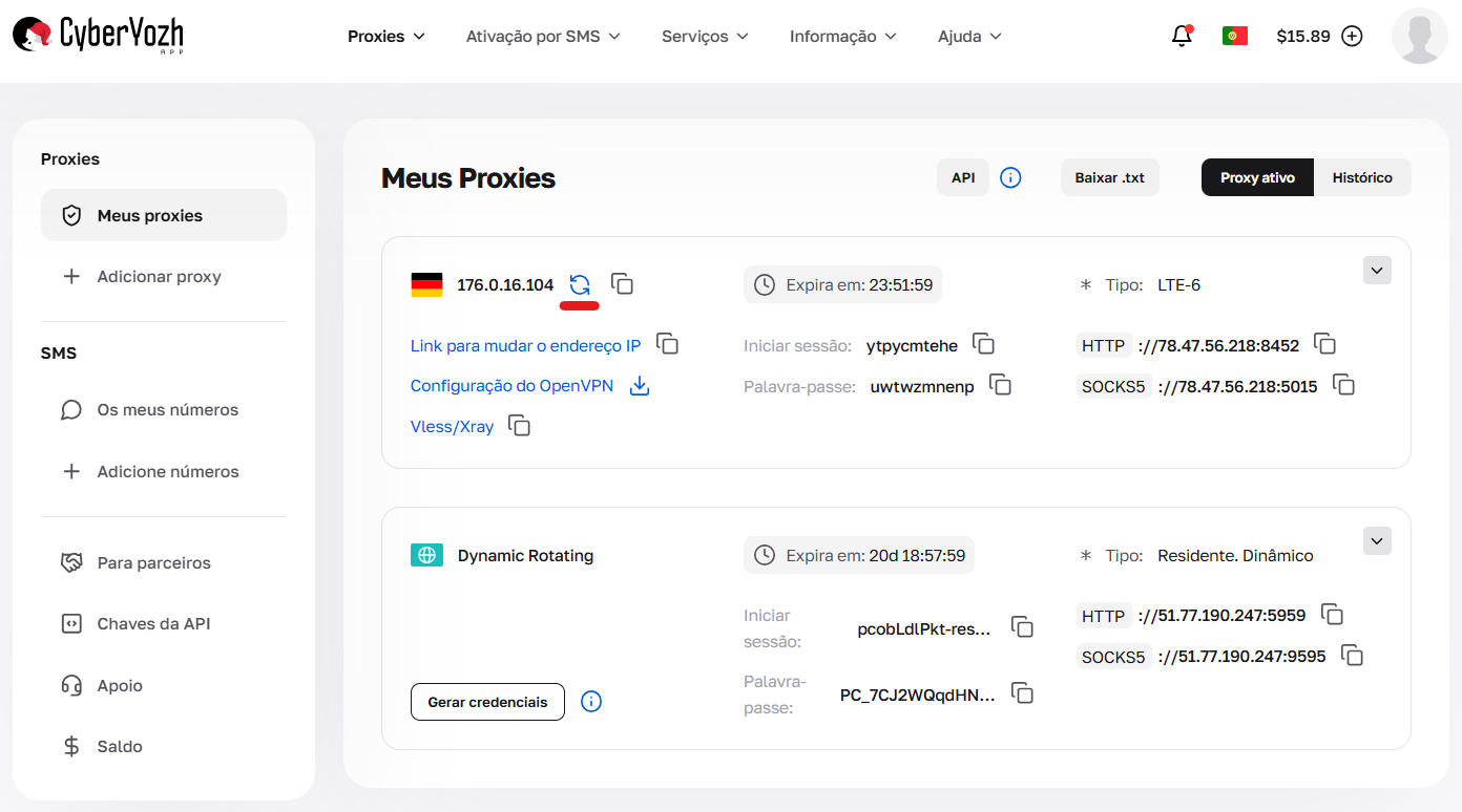 Cartão de Proxies Móveis no painel com indicação de onde trocar o IP manualmente.