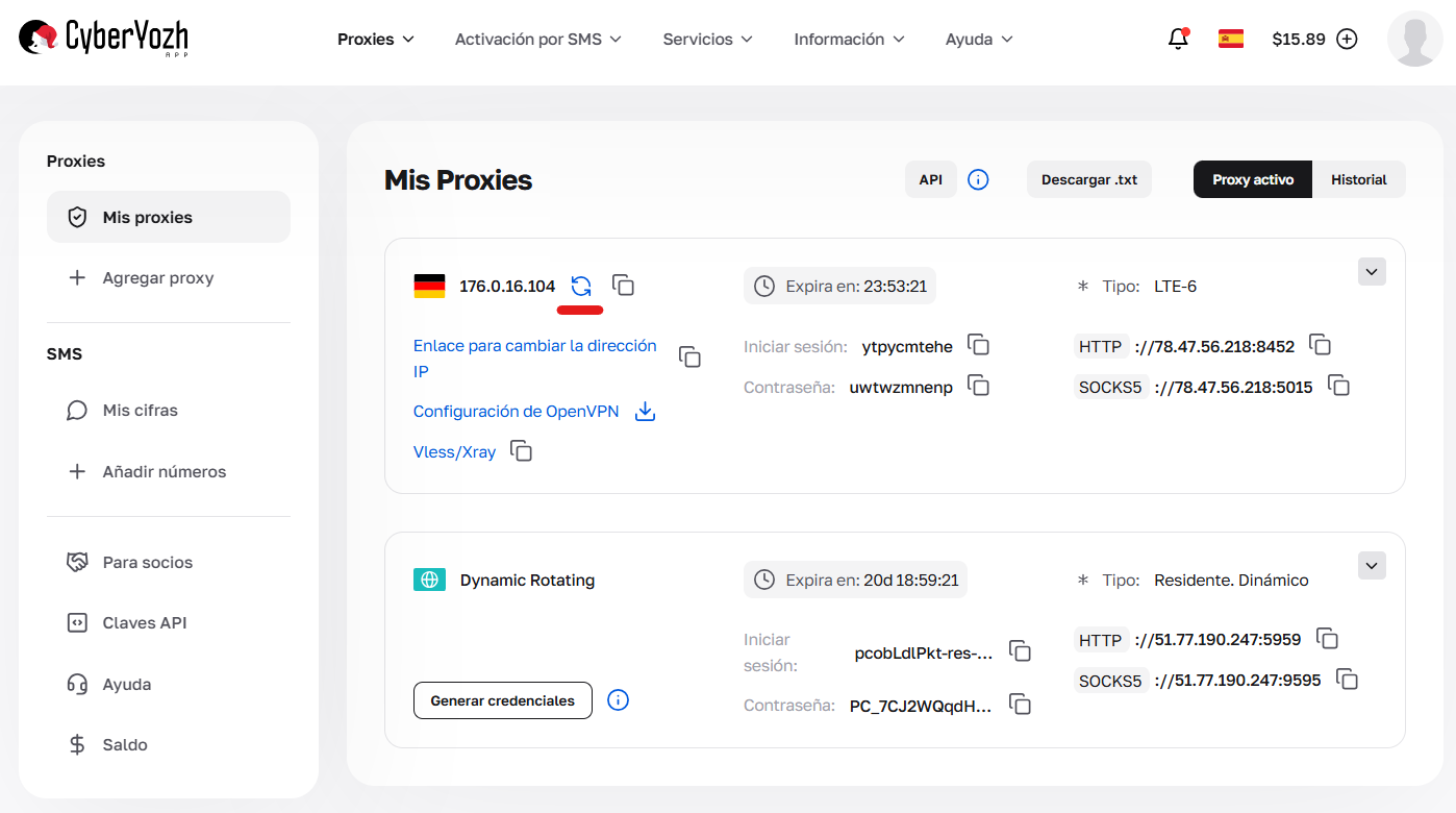 Tarjeta de Proxies Móviles en el área personal indicando dónde cambiar manualmente la dirección IP.