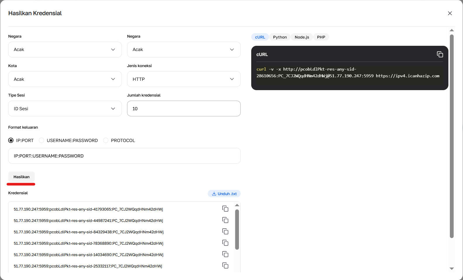 Tombol pembuatan data untuk koneksi