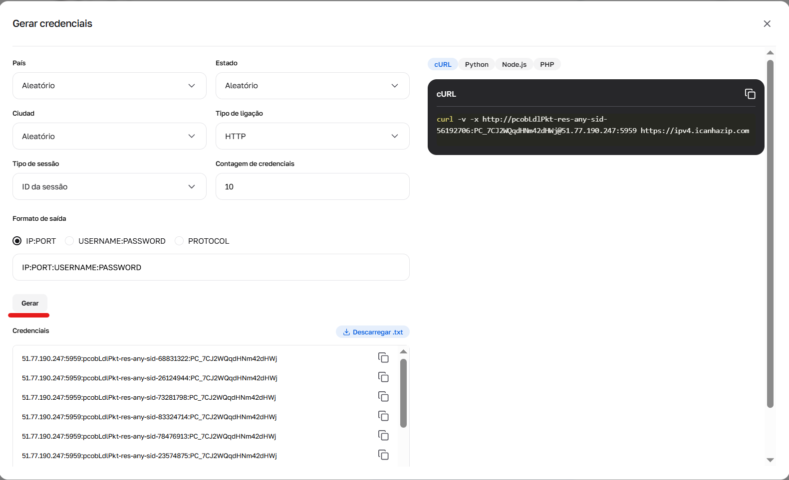 Botão de geração de dados para conexão.