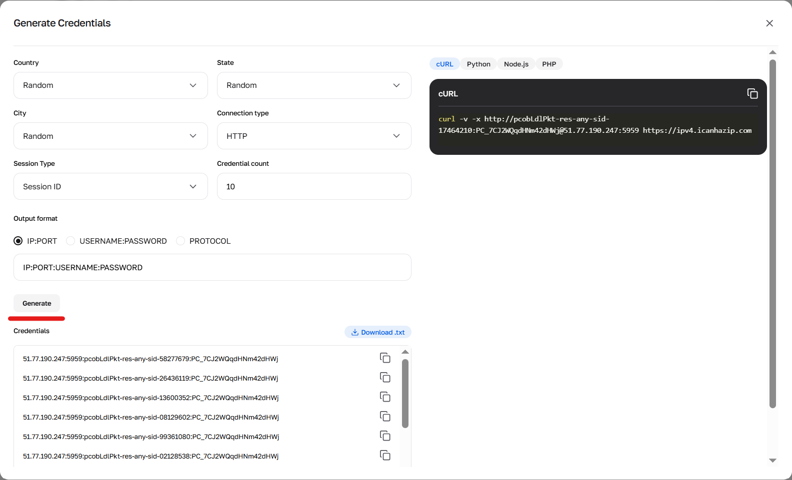 Result of the credentials generator