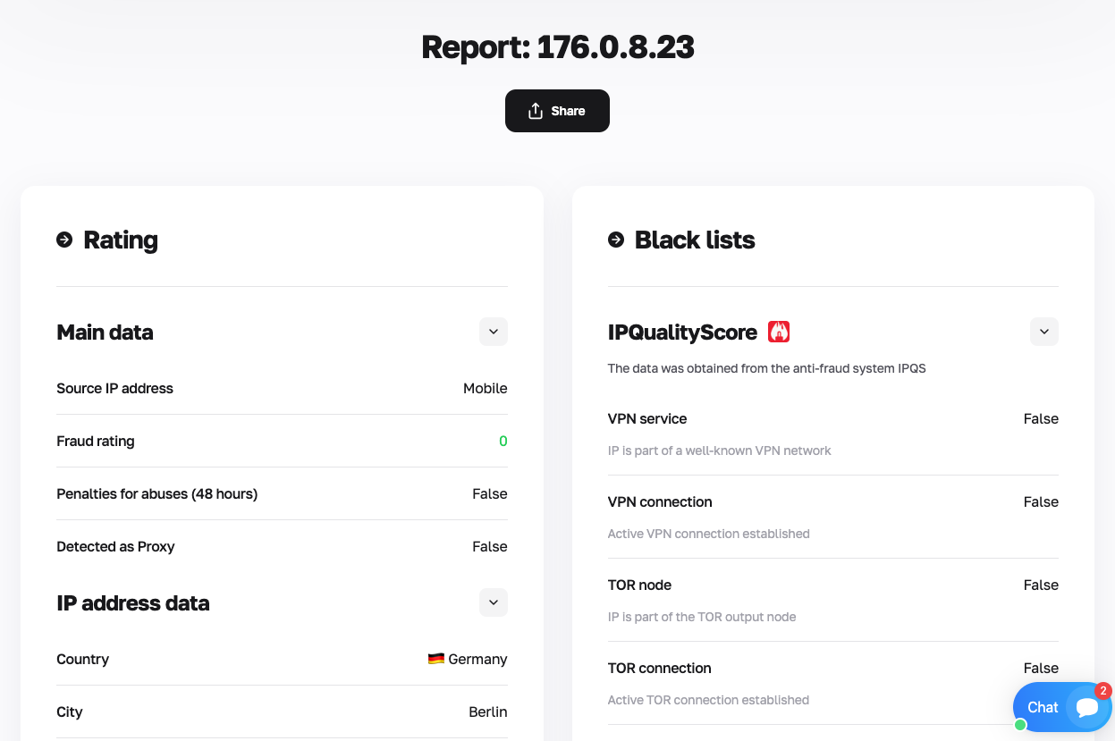Kết quả kiểm tra Fraud Score