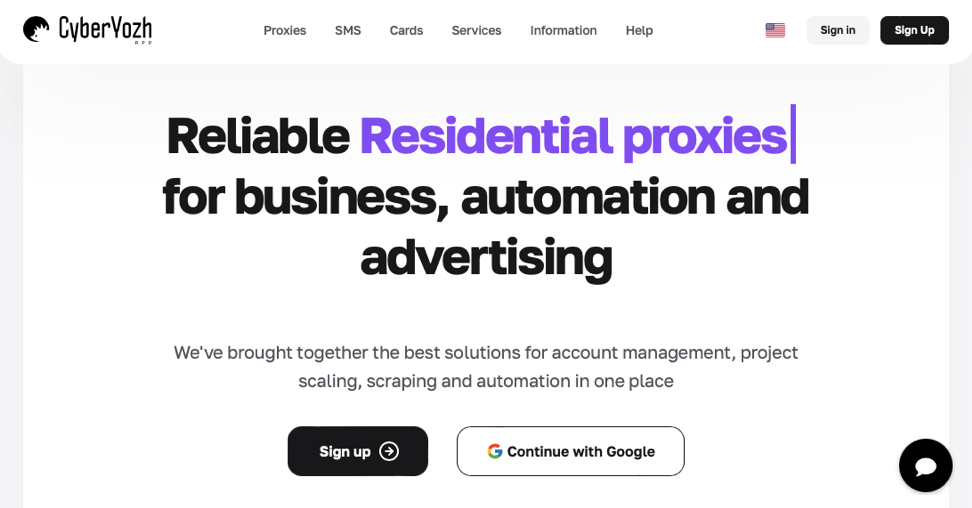 Cyberyozh residential proxies main page