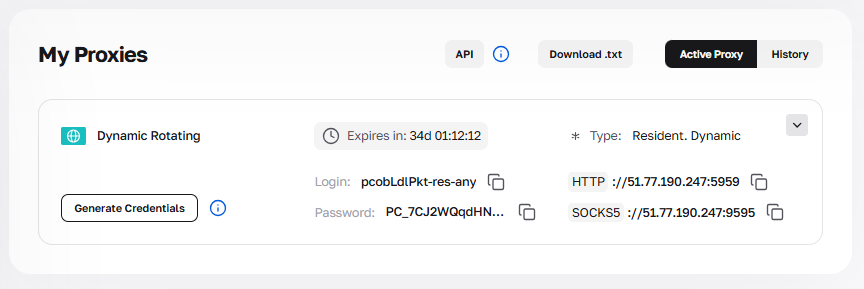 Bảng điều khiển với dữ liệu kết nối và nút truy cập vào trình tạo thông tin xác thực.