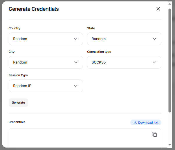 Menu trình tạo để tạo danh sách proxy với cài đặt nhắm mục tiêu theo quốc gia, vùng và thành phố.